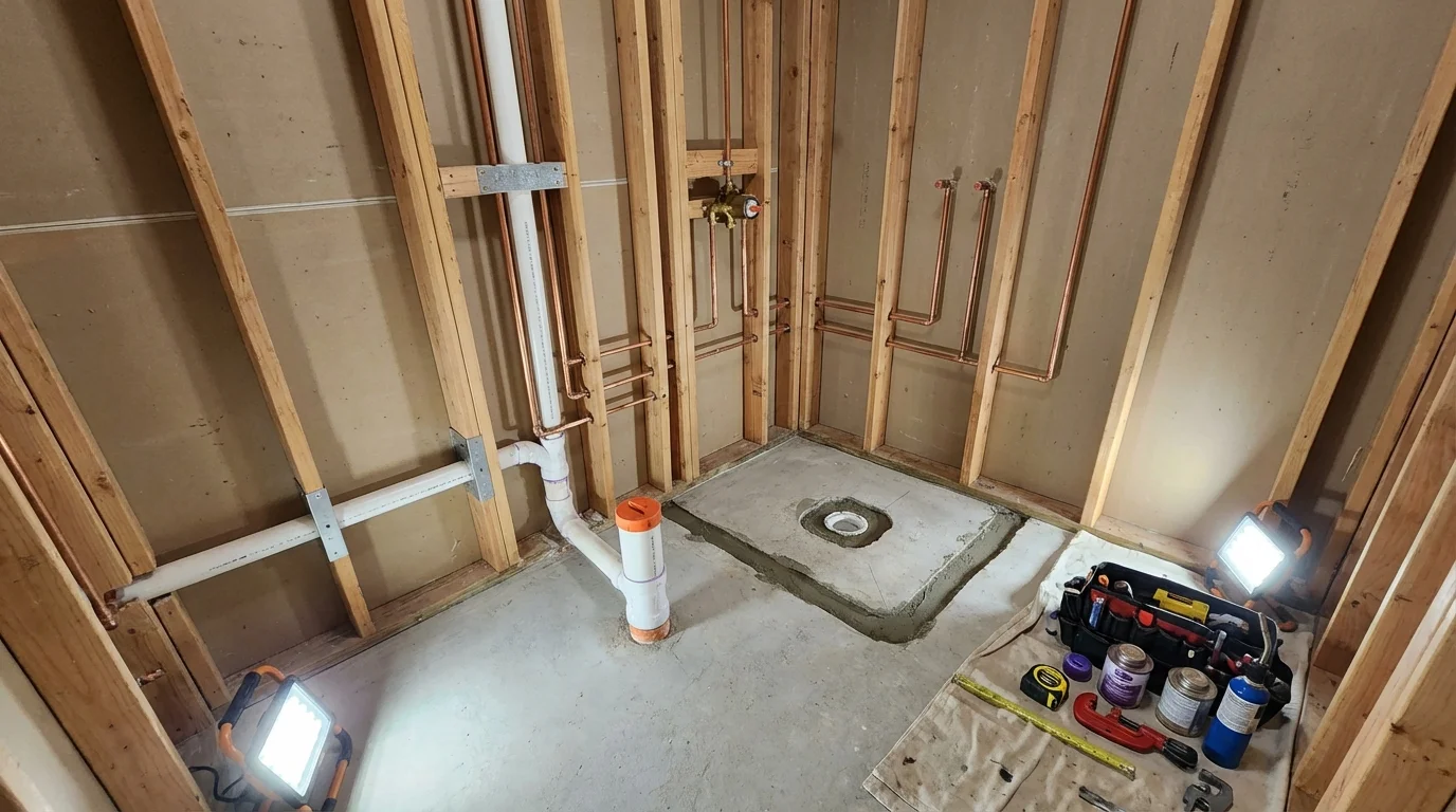 Bathroom rough-in plumbing during remodel by Johns Plumbing LLC in East Brookfield