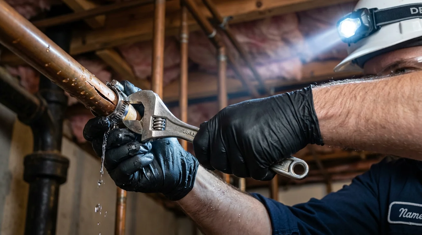 Emergency pipe clamp repair being performed by a Johns Plumbing LLC plumber in East Brookfield