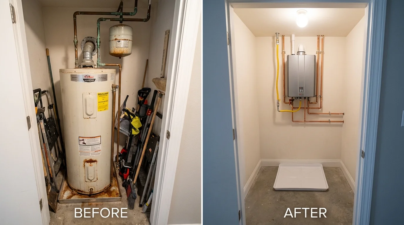 Tank water heater versus wall-mounted tankless unit comparison for East Brookfield, MA homeowners