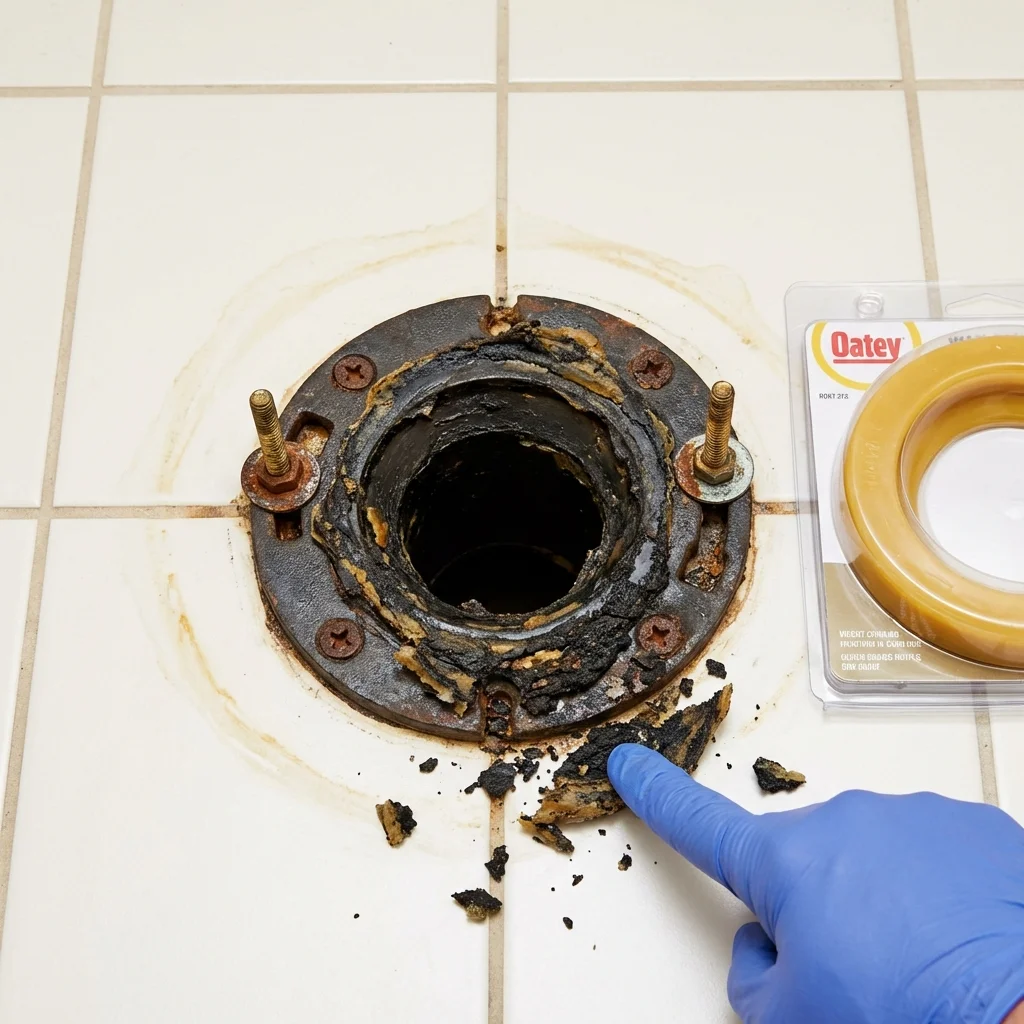 Failed wax ring showing water seepage at the base of a toilet in a East Brookfield, MA home