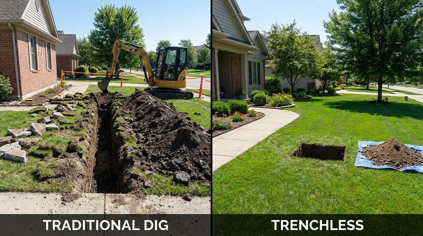 Trenchless sewer repair with minimal yard damage versus traditional excavation in East Brookfield, MA