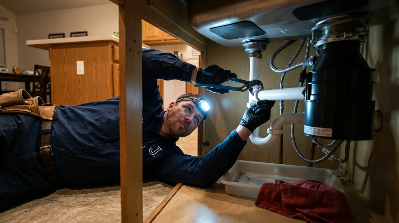 P-trap and supply line connections under a kitchen sink showing a common leak point in East Brookfield, MA